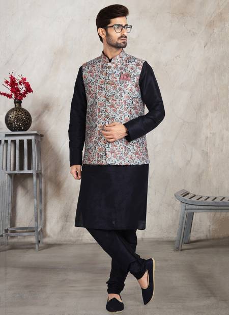 Sky Blue Festive Wear Jacquard Banarasi Silk Digital Print Kurta Pajama With Jacket Mens Collection 1210